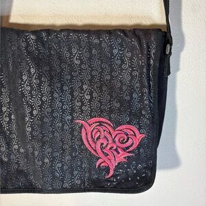 Barnes and Noble Black Messenger Bag  Crossbody with Embroidered Pink Hearts